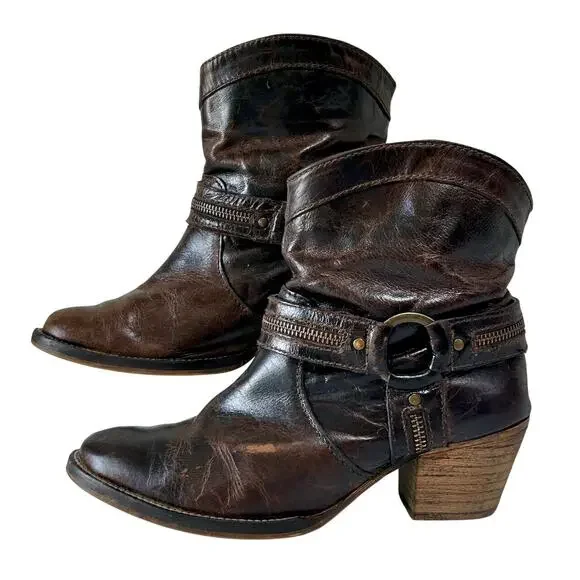 Vintage Leather Western Rodeo Slouchy Ankle Boots Harness Boho Cowgirl 7M - Picture 2 of 11